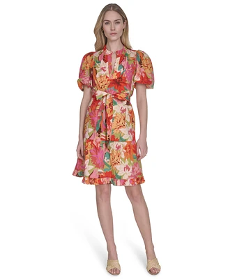 Vince Camuto Petite Cotton Floral-Print Puffed-Sleeve Dress