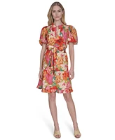 Vince Camuto Petite Cotton Floral-Print Puffed-Sleeve Dress