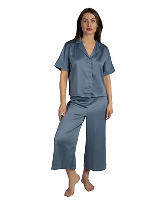 Tahari Women's 2 Piece Satin Short Sleeve Relaxed Notch Collar Top and Capri Pants Pajama Set