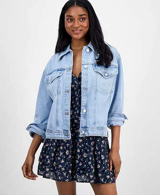 Celebrity Pink Juniors' Button-Down Denim Baggy Trucker Jacket