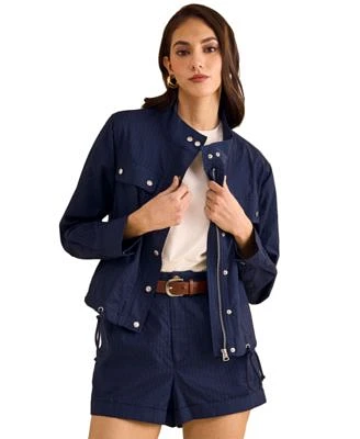 1.State Womens Cotton Drawcord Hem Jacket Dobby Stripe Shorts