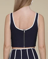Avec Les Filles Women's Contrast-Trim Linen-Blend Crop Top