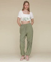 Avec Les Filles Womens Embroidered Cotton Crop Top Crochet Trim Soft Utility Jogger Pants