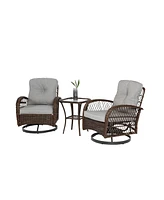 3-Piece Swivel Rocker Patio Set, Cushioned Chairs, Glass Table, Grey