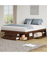 Storage Platform Bed Frame with Multiple Drawers and Shelves No Box Spring Needed,Queen Size,Walnut