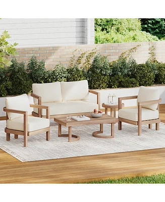Acacia patio set, table, cushioned seating, Brown/beige
