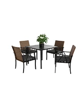 5-Pc Wicker Patio Dining Set, Steel Table, Umbrella Hole, for Backyard/Balcony