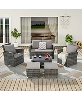 6 Piece Wicker Patio Furniture Sets with Ottoman & Tempered Glass Coffee Table