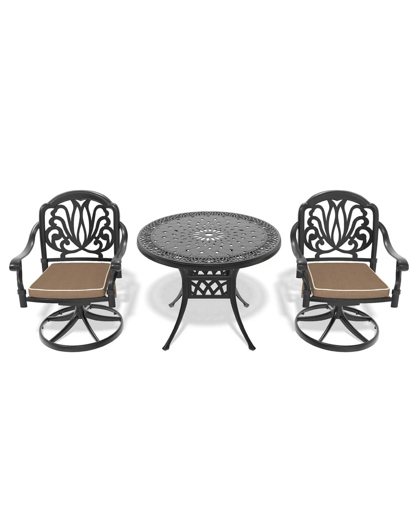 3-pc Cast Aluminum Dining Set, 2 Swivel Chairs & 35" Round Table