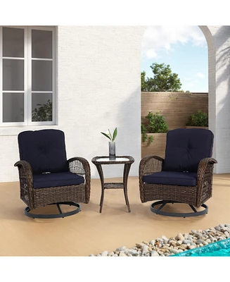 3-Piece Swivel Rocker Patio Set, Navy Chairs, Cushions, & Glass Table