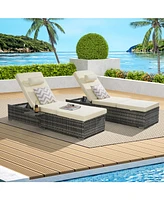 Outdoor chaise lounge set (2) with storage, adjustable backrests, table