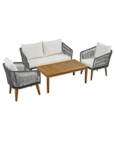4-Piece Patio Furniture Set, Loveseat, Rope Conversation Set, Cushions (Beige/Grey)