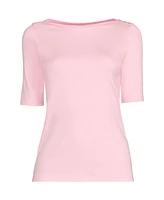Lands' End Women's Supima Cotton Elbow Sleeve Boatneck Button Shoulder Tee