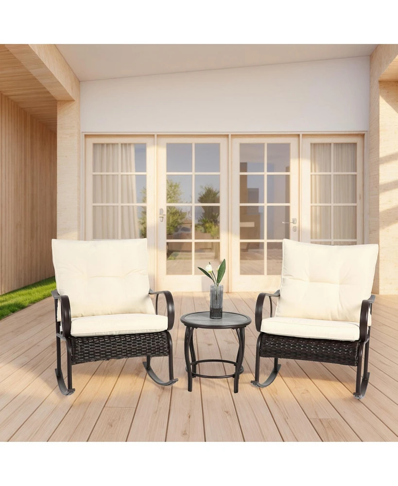 3-Piece Patio Rocking Bistro Set, Rattan Conversation with Coffee Table