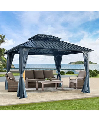 12x12ft Gazebo, Double Roof, Netting & Curtains, Aluminum Frame