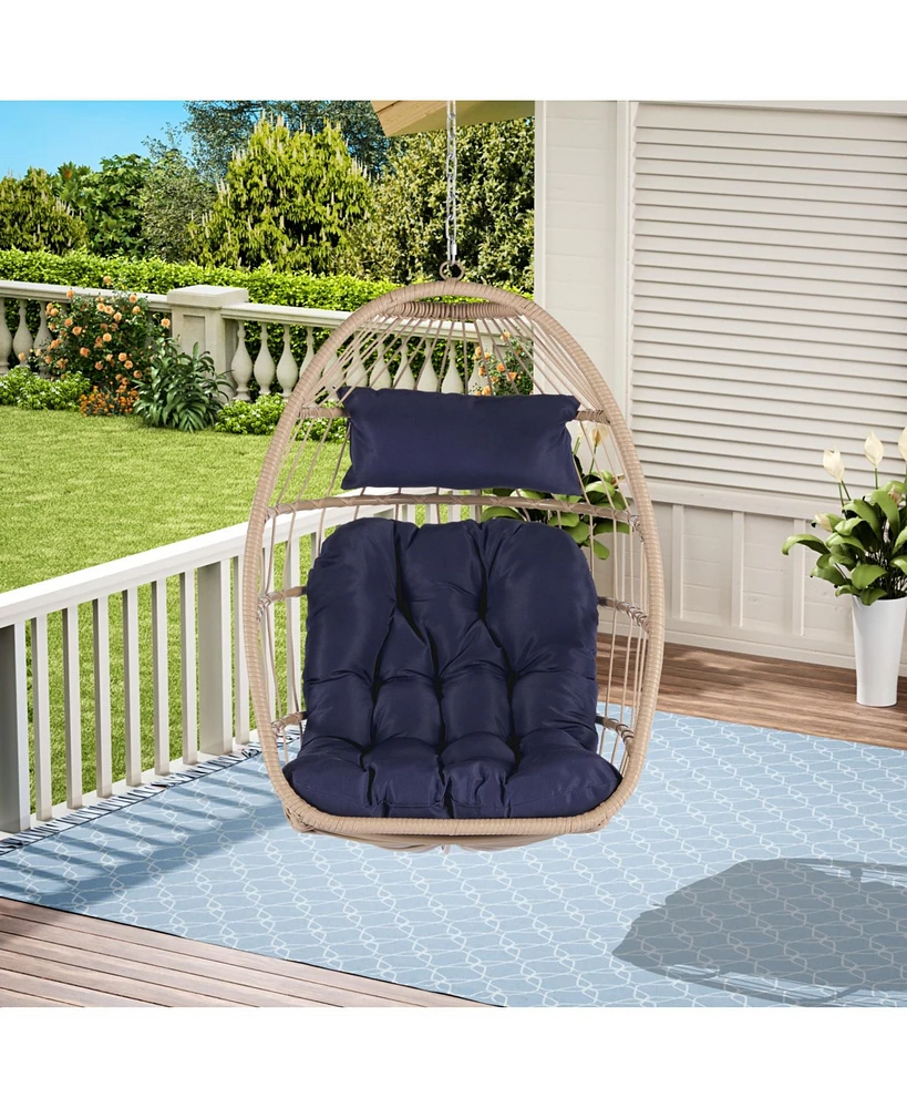 Outdoor Garden Rattan Egg Swing Chair Hanging Chair Wood + Dark Blue
