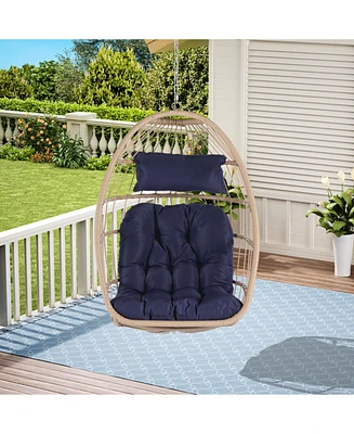 Outdoor Garden Rattan Egg Swing Chair Hanging Chair Wood + Dark Blue