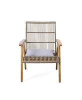 Acacia lounge set, 2 wicker chairs, table, Teak finish, grey cushions