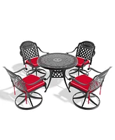 5-Piece Cast Aluminum Dining Set, 4 Swivel Chairs, 35" Round Table