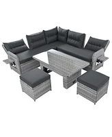 Patio Rattan Set, Adjustable Table, Recliners, Ottomans - Grey