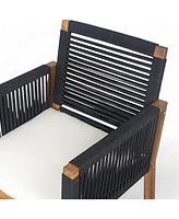 Acacia wood outdoor dining chairs (set of 2) with rope design, washable cushions, black