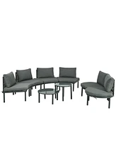8-Pc Patio Sofa Set, Half-Moon Sectional, 2 Tables, Cushions, Pillows, Gray