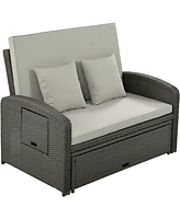 Pe Wicker Double Chaise Lounge, Reclining, Cushions, Cover, Gray