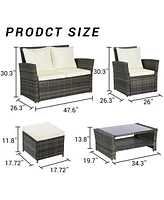 6 Piece Wicker Patio Furniture Sets with Ottoman & Tempered Glass Coffee Table