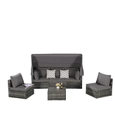 5-Piece Outdoor Wicker Daybed Set with Canopy & Cushions