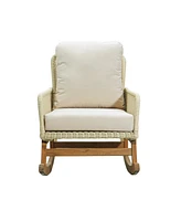 Modern 3-piece outdoor rocking set, Ivory cushions, wood table, Ideal for patios