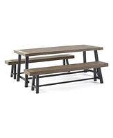 Outdoor Acacia Wood 3 Piece Picnic Dining Set, Gray and Rustic Metal