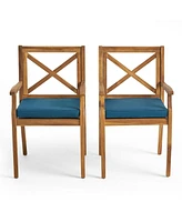 Blue Cushion Patio Chairs - Wood Arm Dining Set (Set of 2)