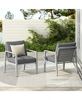 Silver aluminum lounge chairs (set of 2) with rope accents and cushions