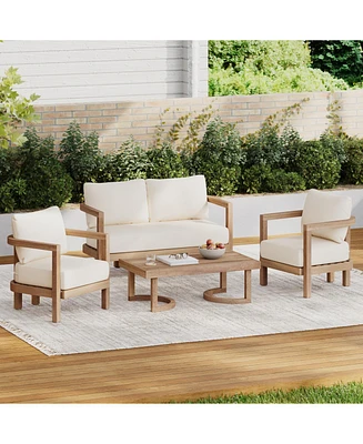 Acacia Patio Set, 4-piece, cushions, coffee table, Brown wash/beige