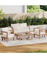Acacia Patio Set, 4-piece, cushions, coffee table, Brown wash/beige