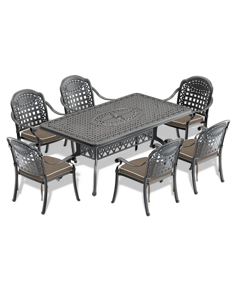 7-Piece Cast Aluminum Patio Set, Black Frame, Random Color Cushions