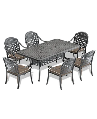 7-Piece Cast Aluminum Patio Set, Black Frame, Random Color Cushions