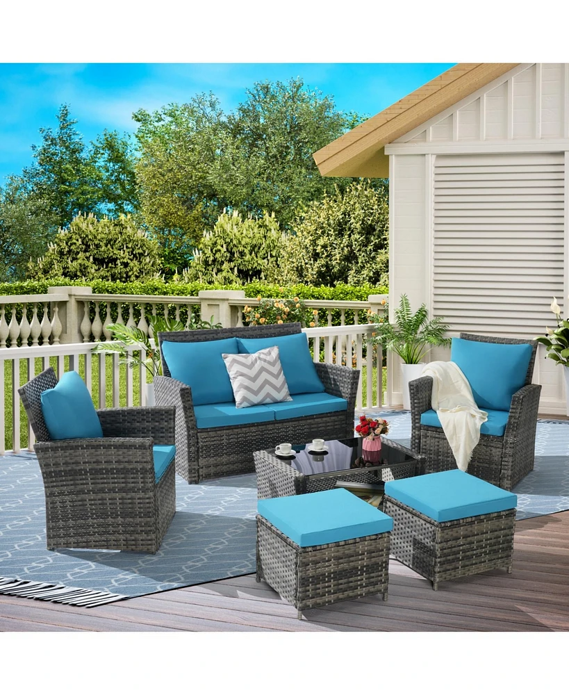 6 Piece Wicker Patio Furniture Sets with Ottoman & Tempered Glass Coffee Table