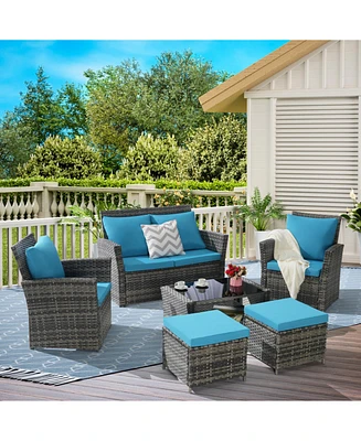 6 Piece Wicker Patio Furniture Sets with Ottoman & Tempered Glass Coffee Table