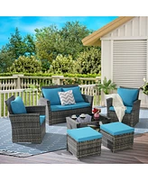 6 Piece Wicker Patio Furniture Sets with Ottoman & Tempered Glass Coffee Table