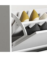 4-tier chest of drawers with metal handles and a side cabinet, white wooden shoe rack with adjustable partitions, mirrored doors
