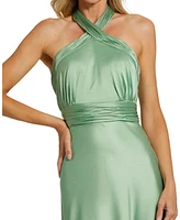Mac Duggal Women's Ruched Halter Neck Tie Back Satin Gown