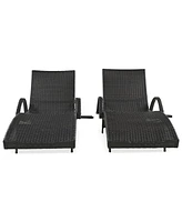 80" Wicker Chaise Lounge Set (2), Patio Rattan, Adjustable, Pull-out Table, Dark Brown