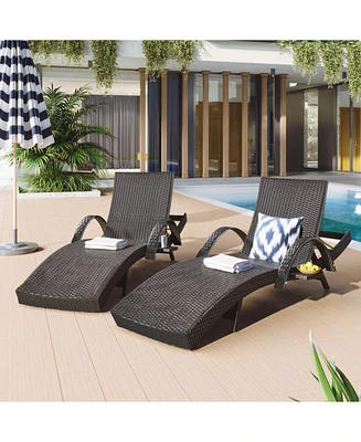 80" Wicker Chaise Lounge Set (2), Patio Rattan, Adjustable, Pull-out Table, Dark Brown