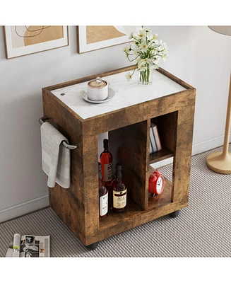 Mid-century modern style movable side cabinet for sofa, household brown trolley storage locker and shelf for living room