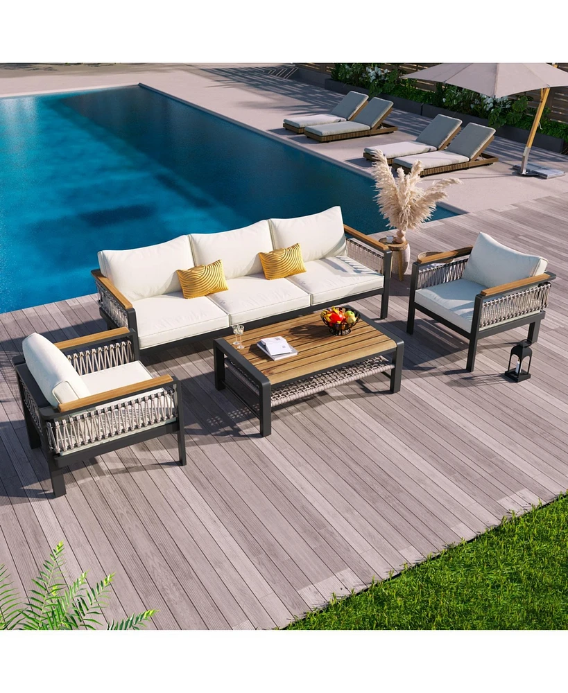 4-Piece Outdoor Sectional Sofa Set, Patio seating with cushions & coffee table, beige