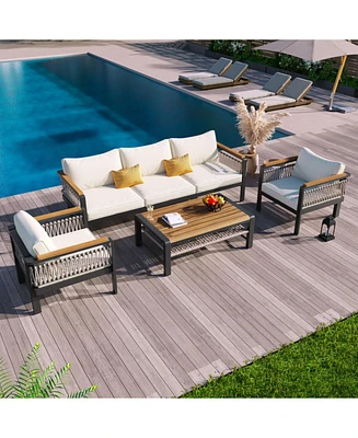4-Piece Outdoor Sectional Sofa Set, Patio seating with cushions & coffee table, beige