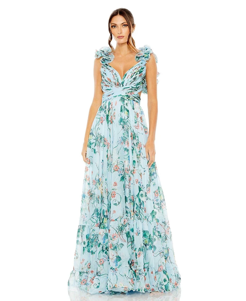 Mac Duggal Women's Chiffon Cut-Out Lace-Up Back Gown