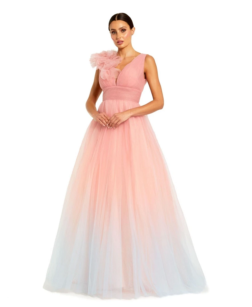 Mac Duggal Women's Ruffle Shoulder V Neck Ombre Tulle Ballgown