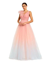 Mac Duggal Women's Ruffle Shoulder V Neck Ombre Tulle Ballgown